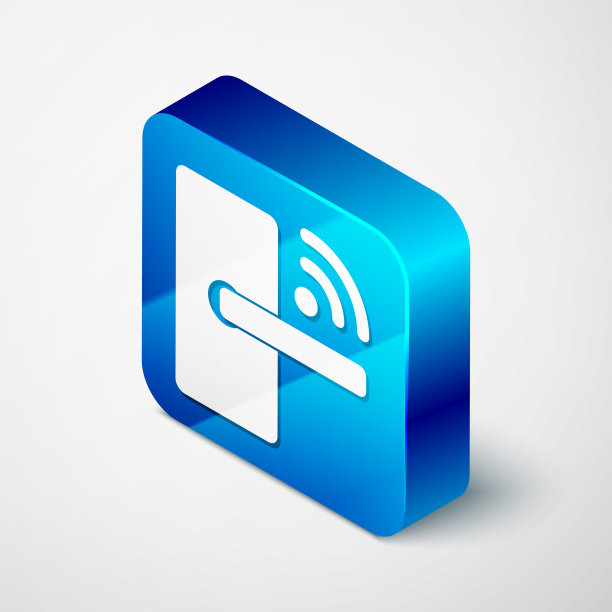 等距数字门锁与无线技术解锁图标隔离在白色背景。门把手的迹象。安全智能家居概念。蓝色方块按钮。矢量图图片下载