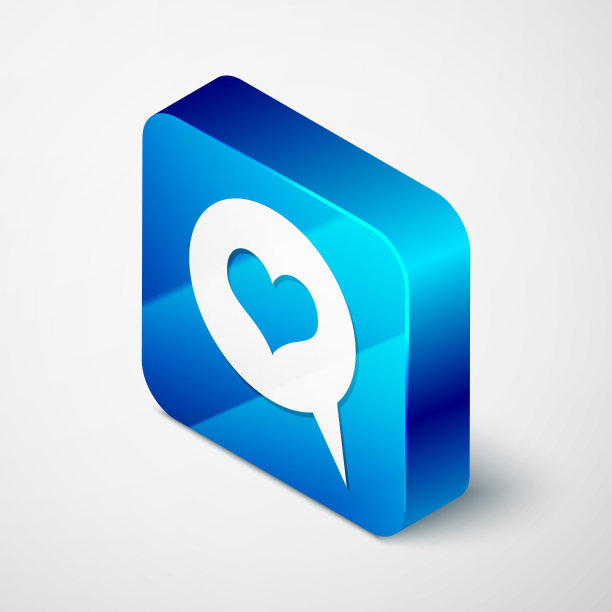 语音气泡图标中的等距心脏孤立在白色背景上。心形的信息泡泡。爱的信号。情人节的象征。蓝色方块按钮。矢量图图片下载