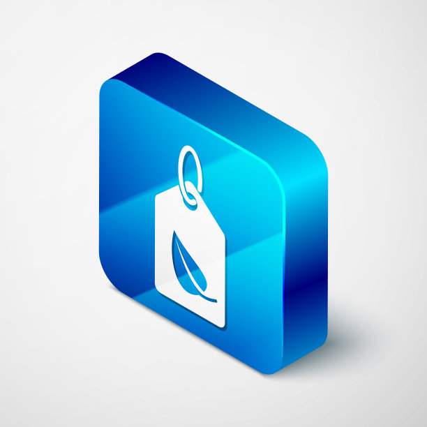 等距标签与叶子符号图标隔离在白色背景。横幅，标签，标签，标志，贴纸为生态绿色。蓝色方块按钮。矢量图图片下载