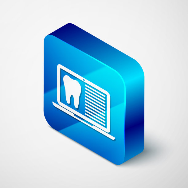 等距笔记本电脑与牙科卡或病人的医疗记录图标隔离在白色背景。牙科保险。牙科诊所的报告。蓝色方块按钮。矢量图图片下载