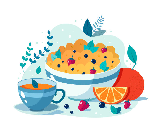 一碗草莓和蓝莓燕麦粥，一杯绿茶。图片下载