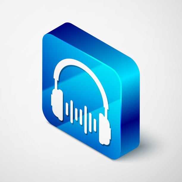 等距耳机和声波图标上的白色背景。耳机的信号。概念对象为听音乐、服务、沟通和操作员。蓝色方块按钮。矢量图图片下载