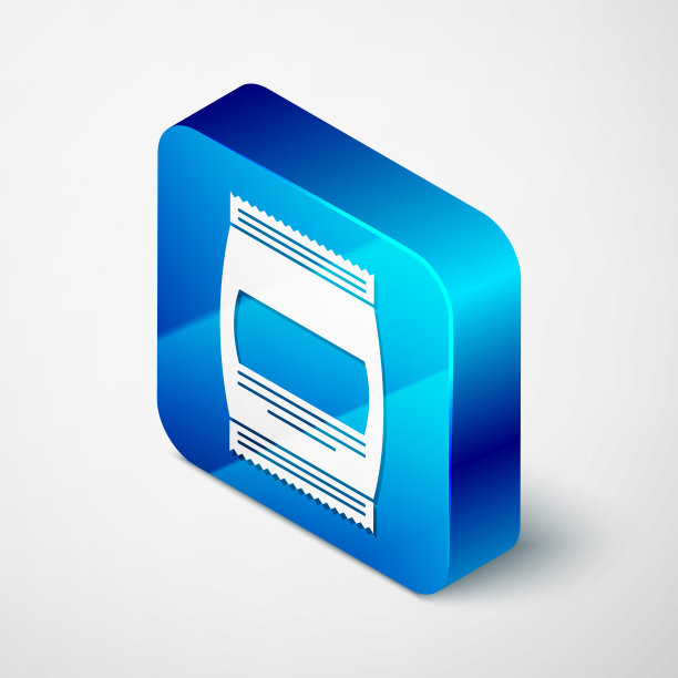 等距袋食品图标孤立在白色背景。动物的食物。宠物食品包装。蓝色方块按钮。矢量图图片下载