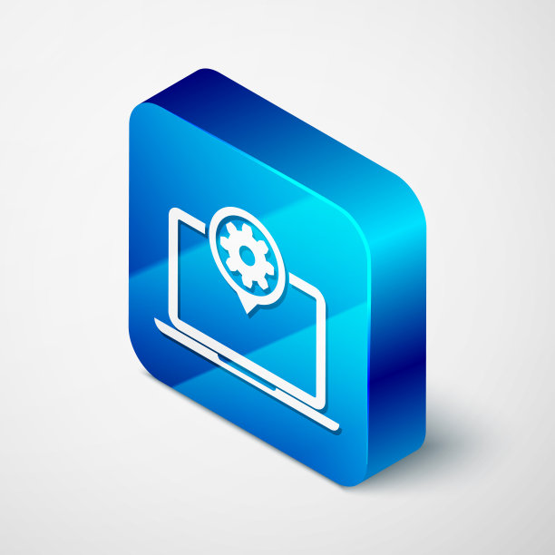 等距笔记本电脑和齿轮图标隔离在白色背景。笔记本电脑服务理念。调整app，设置选项，维护，修复，修复。蓝色方块按钮。矢量图图片下载