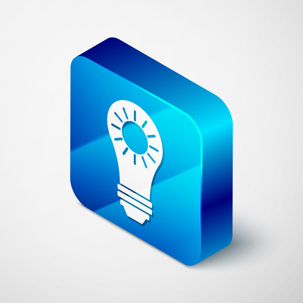 等距太阳能电池板图标孤立在白色背景。太阳和灯泡。蓝色方块按钮。矢量图图片下载