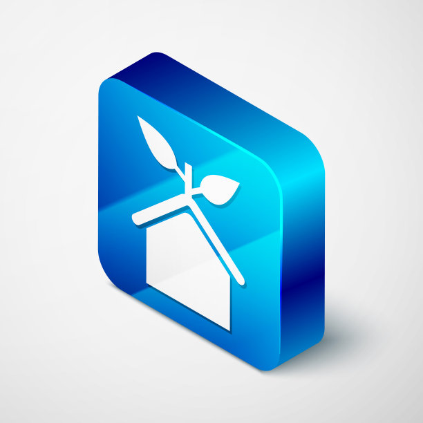 等距生态友好的房子图标孤立在白色的背景。有树叶的生态房子。蓝色方块按钮。矢量图图片下载