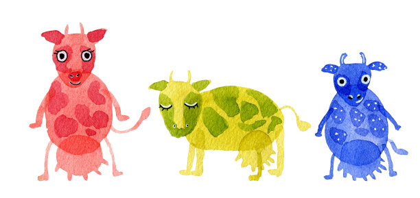 手绘水彩插图设置有趣的卡通牛和草:粉色，蓝色，紫色，橙色，绿色孤立在白色的背景素材图片