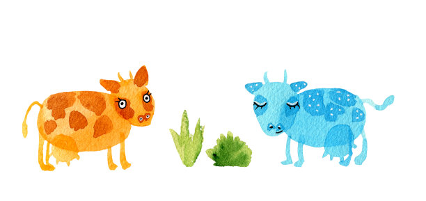 手绘水彩插图设置有趣的卡通牛和草:粉色，蓝色，紫色，橙色，绿色孤立在白色的背景图片下载