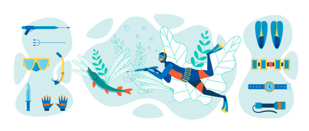 水下鱼叉捕鱼设备平面矢量集图片下载