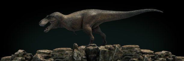 日落时，恐龙在岩石山上。三维渲染图片下载