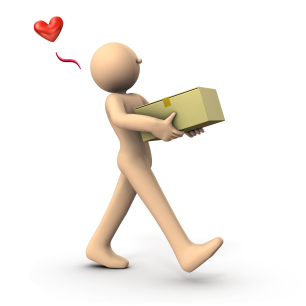 一个拿着纸板箱的角色。他收到了收到的货物。白色背景。3 d演示。图片下载
