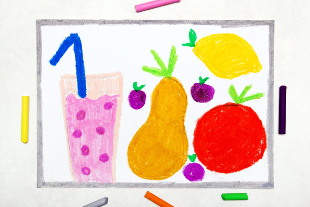 彩绘:草莓汁及鲜果、梨、蓝莓、柠檬图片下载