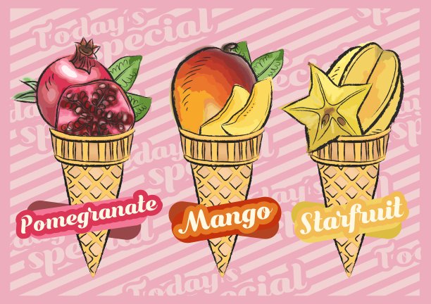 石榴冰淇淋。芒果冰淇淋。杨桃冰淇淋。水果冰淇淋蛋筒矢量插画，手绘设计图片下载