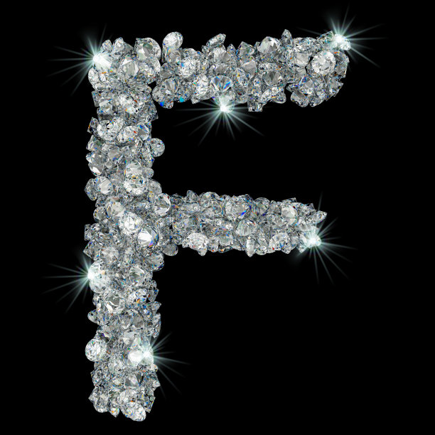 字母F来自钻石。3D渲染孤立的黑色背景图片下载