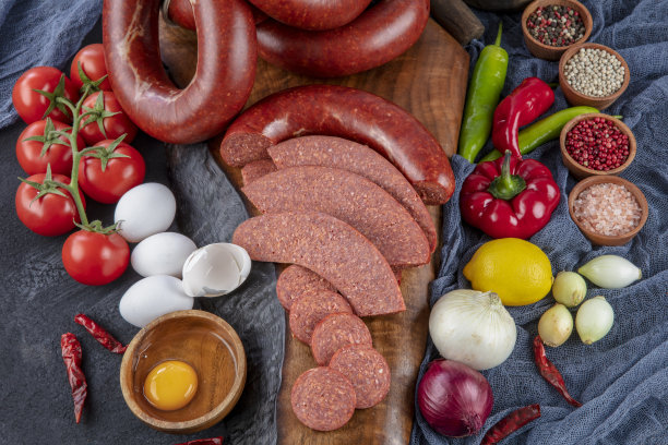 香肠(土耳其Sucuk)概念照片。土耳其风味香肠;鸡蛋，番茄，胡椒粉，洋葱，土耳其吮汁。图片下载