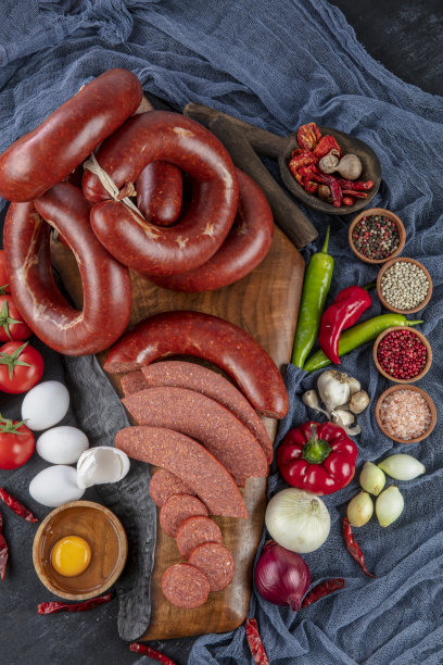 香肠(土耳其Sucuk)概念照片。土耳其风味香肠;鸡蛋，番茄，胡椒粉，洋葱，土耳其吮汁。图片下载