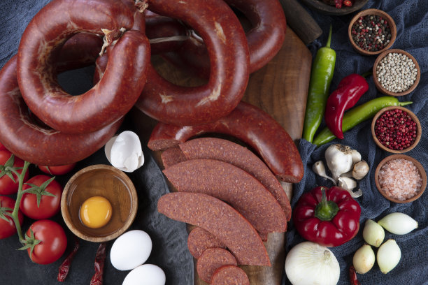 香肠(土耳其Sucuk)概念照片。土耳其风味香肠;鸡蛋，番茄，胡椒粉，洋葱，土耳其吮汁。图片下载