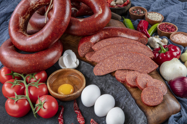 香肠(土耳其Sucuk)概念照片。土耳其风味香肠;鸡蛋，番茄，胡椒粉，洋葱，土耳其吮汁。图片下载