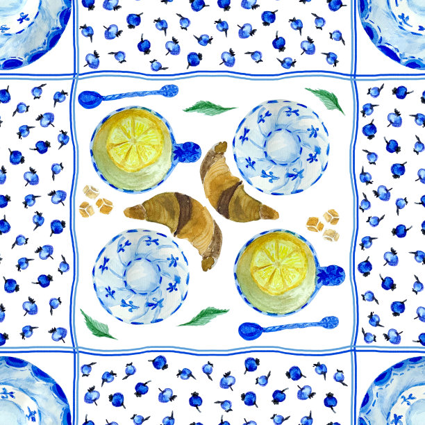 水彩无缝图案与茶，羊角面包和蓝莓图片下载