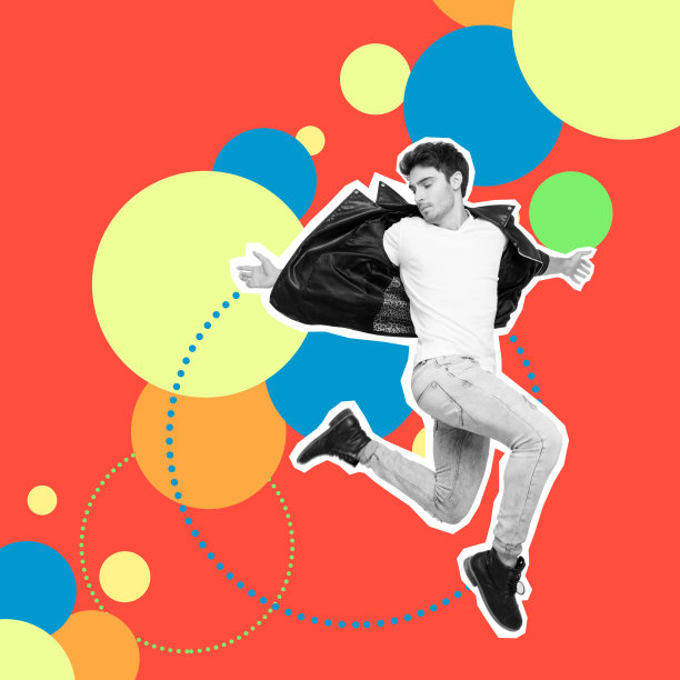 肖像时髦的英俊，他，他，他跳插入内部未来主义风格的设计皮夹克牛仔裤牛仔画成灰色孤立不同的颜色圈红黄蓝绿绘制背景图片下载