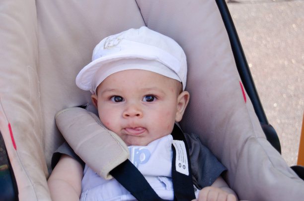 可爱的六个月大的婴儿在婴儿车里，他的脸上有蚊子叮咬图片下载