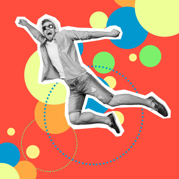 肖像，他，他，他，家伙，跳，飞，帮助拯救人类未来主义风格的插图设计，衬衫，牛仔裤，牛仔画成灰色孤立的彩色圆圈，红，黄，蓝，绿，绘制背景图片下载