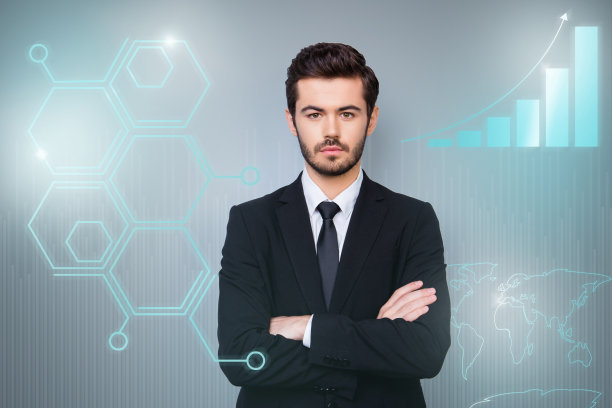 特写虚拟特效创意设计程式化图形海报照片自信他他他的家伙社会营销未来主义模式展示展示新创业穿着西装孤立的灰色背景图片下载