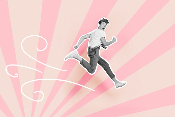 全身大小的照片他他的他的家伙跳高时髦的未来主义卡通风格化插图设计绘制成灰色孤立的彩色粉色圆形涡光线绘制背景图片下载