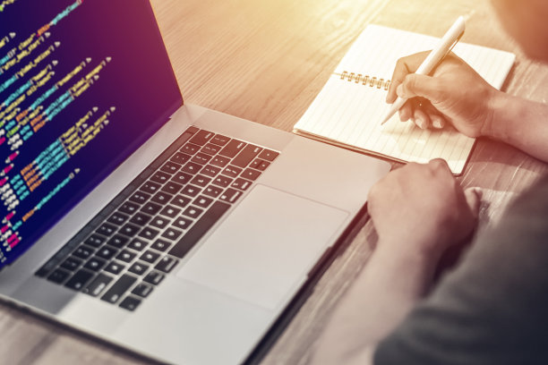 一个程序员在笔记本上写笔记，程序源代码显示在笔记本的屏幕上图片下载