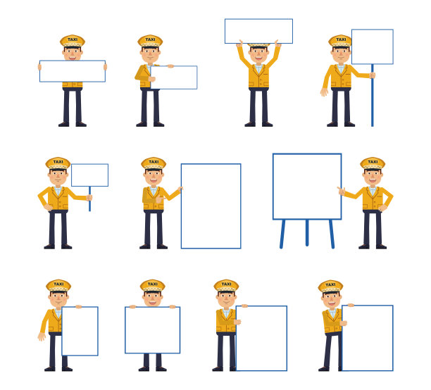 一大组出租车司机，举着不同的空白横幅。开朗的司机手里拿着纸、海报、标语牌，指着白板。教导、宣传、推广图片下载