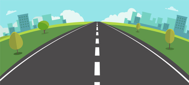 城市景观场景与道路，树木和天空背景矢量插图。主要街道到城镇鱼眼的观点。以自然为背景的城市景观。美丽的自然景观。图片下载