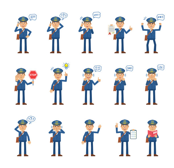 一组大的邮差人物表现出不同的动作，手势，情绪。愉快的邮差打电话，按住停止唱歌，文件，书和做其他的行动图片下载
