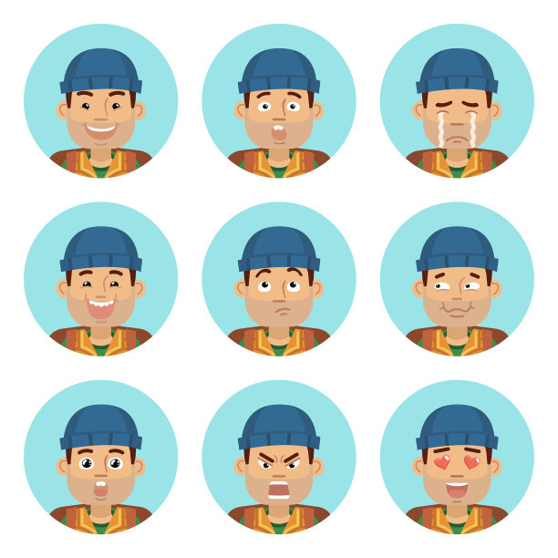 一组旅行者的表情。人的化身表现出不同的情感。开心、笑、难过、哭、生气、爱、惊讶、难过、笑等面部表情图片下载