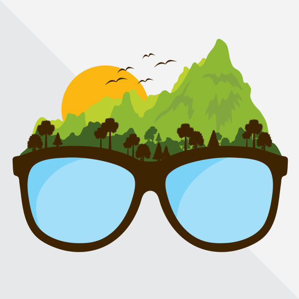 矢量图形眼镜与旅行概念和旅程自然风格。创意设计青山和夕阳。图片下载