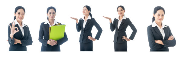 一套美丽的亚洲聪明和年轻的女商人黑色长发和西装是经理或经理在成功的自信微笑在孤立的白人背景图片下载