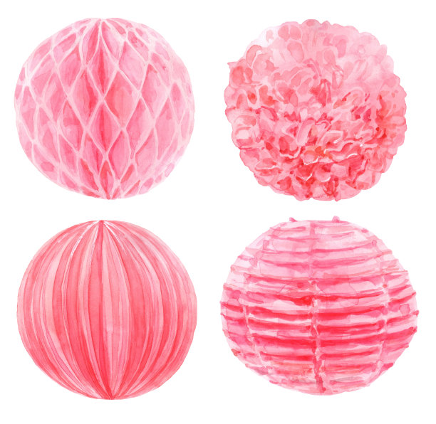粉色纸灯笼和水彩画绒球图片下载