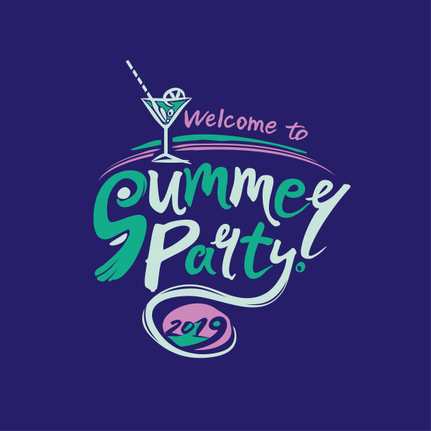 欢迎来到2019年夏季派对。矢量五彩鸡尾酒会符号。配有吸管和深蓝色背景的手写题词的鸡尾酒。图片下载