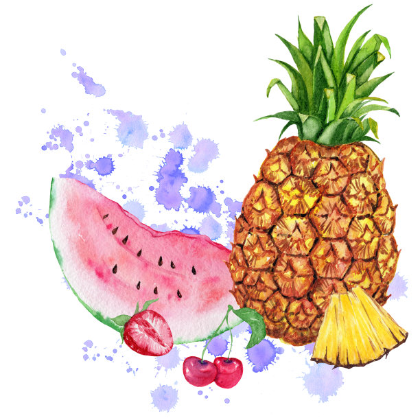 水彩水果混合。菠萝，西瓜和浆果。画在纸上。图片下载