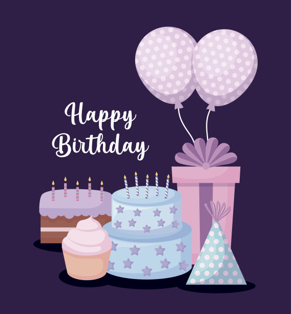 生日贺卡与甜蛋糕和设置图标图片下载