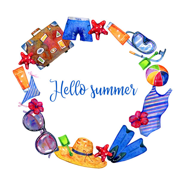 沙滩物品的圆形框架-脚蹼，手提箱，球，帽子，泳衣，眼镜，面具。手绘水彩插图图片下载