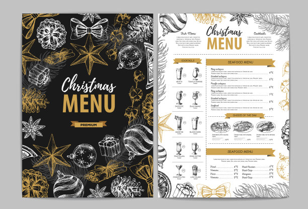 手绘圣诞节日菜单设计。餐厅的菜单图片下载