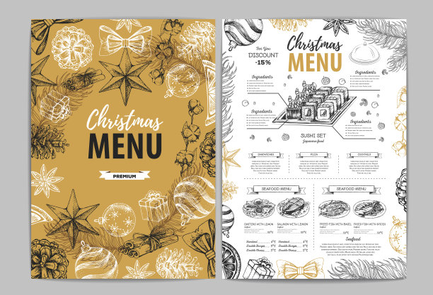 手绘圣诞节日菜单设计。餐厅的菜单图片下载