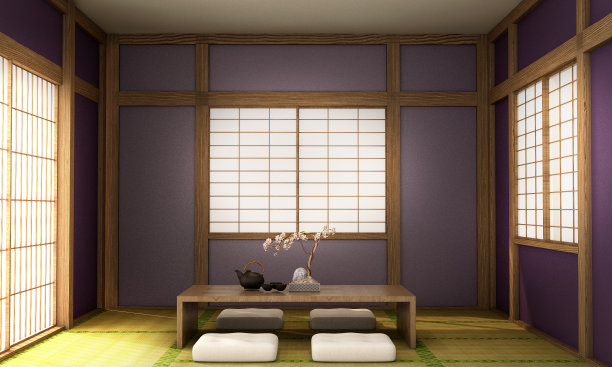 日式室内风格的日本时尚色彩概念，3d插画，3d渲染图片下载