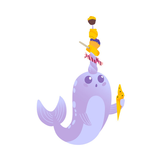 惊喜和可爱的卡通紫色和蓝色的独角鲸与冰淇淋，糖果和糖果在他的角。图片下载