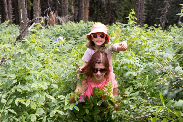年轻兴奋的母亲肩上扛着孩子在森林里散步图片下载
