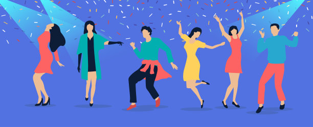 党节日横幅上的人和五彩纸屑。平面设计风格。图片下载