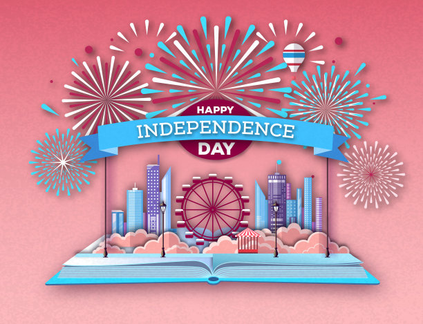 打开童话书与城市景观和节日烟花。Inependence一天。剪纸艺术风格设计图片下载