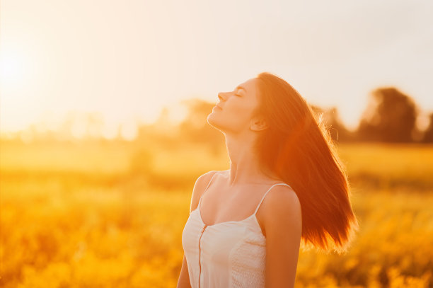 美丽的白人女孩在花的田野在夏天日落健康的生活方式图片下载