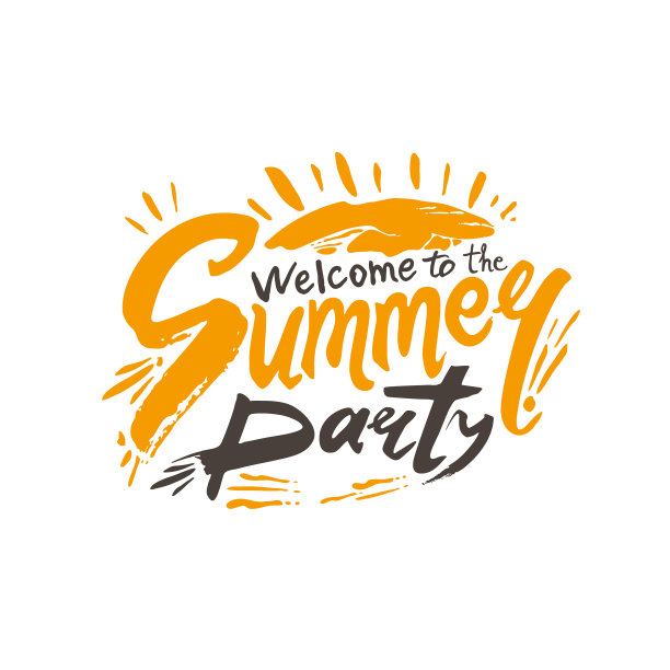 欢迎参加夏季派对。手绘题字和太阳。图片下载