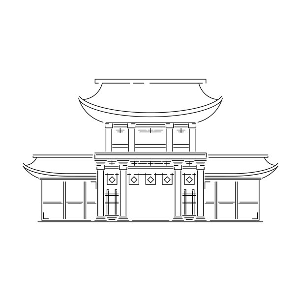 日本地标-寺庙，神社，城堡，宝塔，大门矢量插图简化旅游图标。中式、亚洲山水传统住宅。线素描。现实元素的设计，织物印花。图片下载